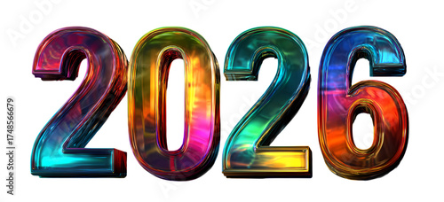 Dazzling 3d render of 2026 with iridescent colors on black background for new year celebrations and festive designs