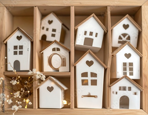 Wooden houses in a box, small white houses, delicate design