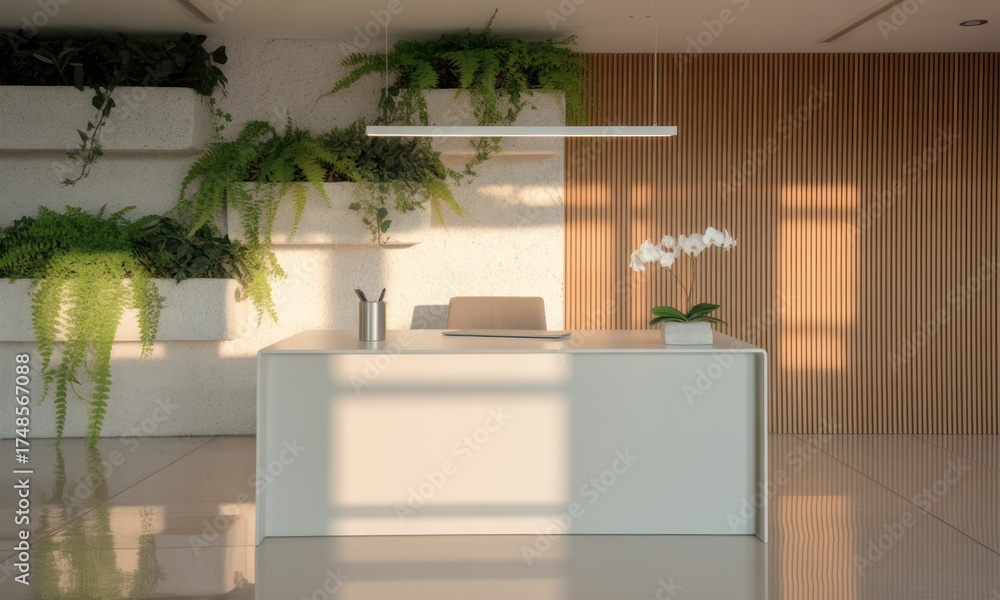 Fototapeta premium Modern office reception area with a white desk, plants, wood paneling, and bright light