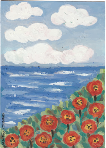 summer landscape with sea and red flowers watercolor