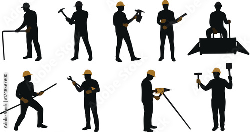 construction, worker, silhouette, man, male, builder, laborer, tools, hammer, wrench, drill, helmet, hard hat, safety, work, industry, manual labor, construction site, job, profession, carrying, holdi