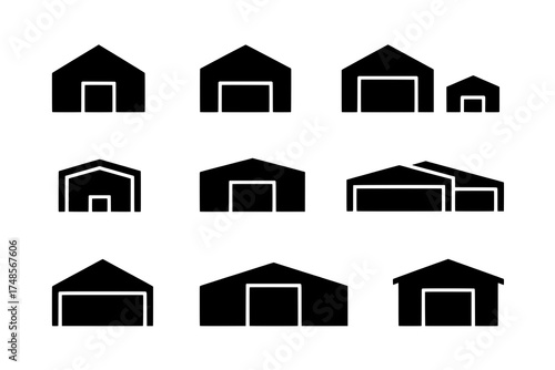 Nine Solid Black Silhouette Garage and Warehouse Icons in a Grid, Featuring Diverse Gabled and Sloped Roof Designs with Various Garage Door Cutouts on a White Background