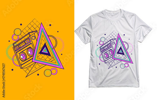 Retro style vector illustration of a geometric sound box design, vibrant colorful layout ideal for T-shirt prints, streetwear branding, music-themed artwork, creative fashion concepts, digital art.