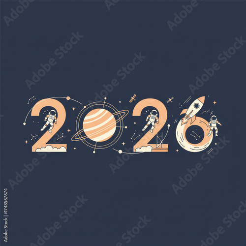 Futuristic 2026 illustration with astronauts, rocket, and planet in minimalist space design, symbolizing innovation, discovery, and cosmic adventure.. Vector illustration