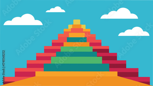 Vector art of colorful stairway to heaven illustration with clouds in the sky leading to success and achievement