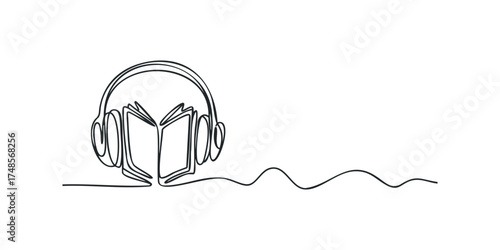 Continuous line drawing of headphones over an open book