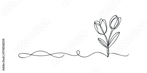Continuous Line Drawing of Three Tulips with Flourish