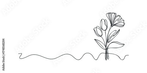 Continuous line drawing of blooming flowers with stem