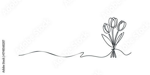 Minimalist line drawing of three tulips with a flowing stem