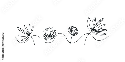 Abstract line drawing of four stylized flowers and wavy stems