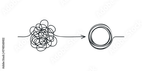 Tangled line transforming into a clear circle with arrow