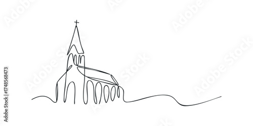 Continuous Line Drawing of a Steepled Church Building