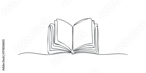 Open book drawn with continuous black line on white background