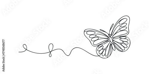 Minimalist single line drawing of a butterfly with a swirling trail