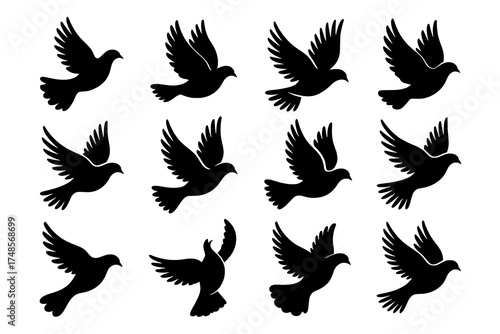 A grid of twelve solid black dove silhouettes in various flight poses. The flat vector icons, against a white background, depict different wing and tail positions, representing graceful motion.