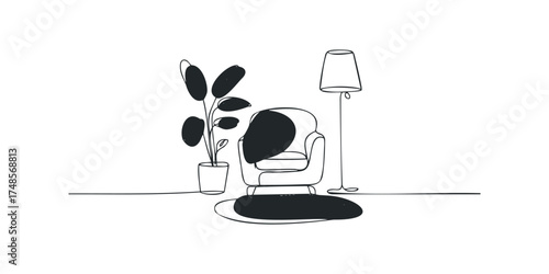 Minimalist outline of armchair with plant and floor lamp