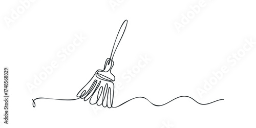 One line drawing of a broom sweeping wavy lines