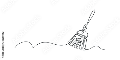 Single continuous line drawing of a broom sweeping across a wavy surface.
