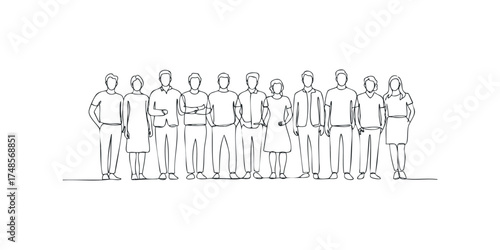 Group of diverse people standing together in simple line drawing