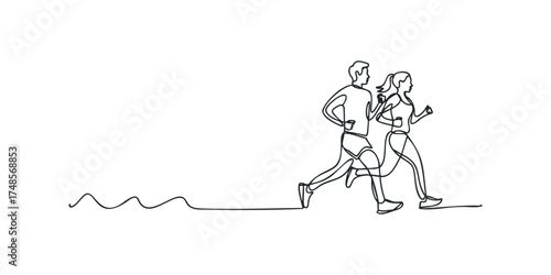 Man and Woman Running Together One Line Drawing