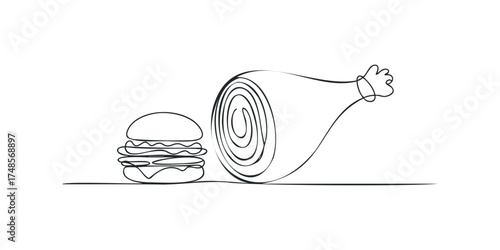 Hand-drawn single line art of a hamburger and a ham leg