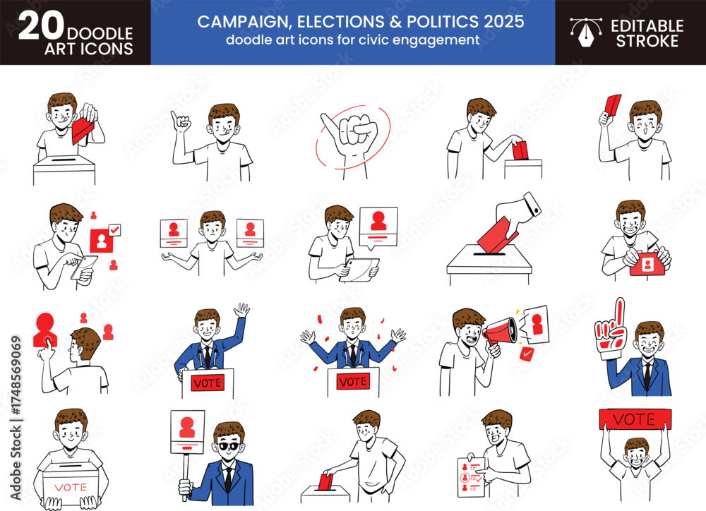 Obraz premium Hand drawn election symbols and political icons in a doodle style perfect for campaign materials and voting awareness