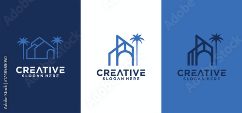 beach house logo design, vector logo of houses and buildings on the coast.