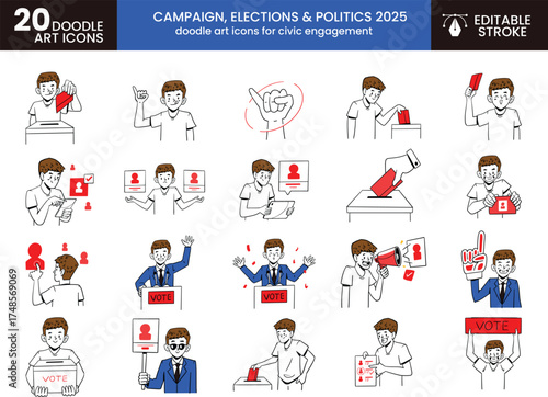 Hand drawn election symbols and political icons in a doodle style perfect for campaign materials and voting awareness