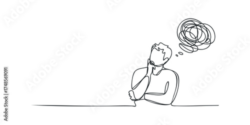 Man in Contemplative Pose with Tangled Thoughts in Speech Bubble