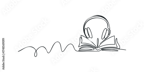 Headphones on Open Book Continuous Line Drawing