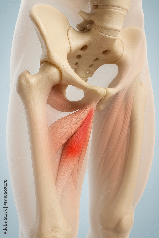 Naklejka premium Hip and pelvic injury medical illustration showing adductor strain with visible adductor longus attachment to pubis, concept of groin strain, inner thigh pain, anatomy of adductor muscle injury