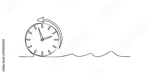 Continuous line drawing of a clock with arrow showing time passing