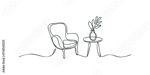 Single line drawing of armchair and side table with plant