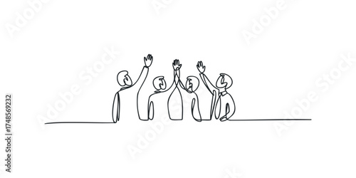 Five abstract figures giving high fives to celebrate a team achievement