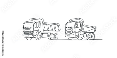 Outline two dump trucks positioned side by side