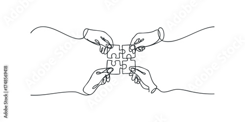 Four hands connecting puzzle pieces together