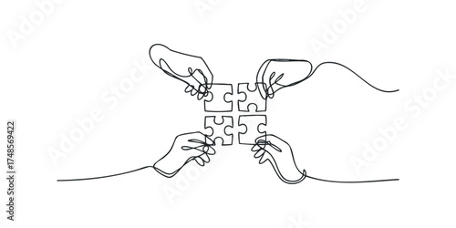 Four Hands Connect Puzzle Pieces Symbolizing Unity and Collaboration