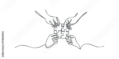 Four hands connecting puzzle pieces in a united effort