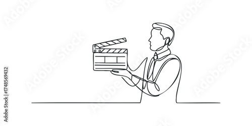 Man holding movie clapperboard with continuous line drawing style