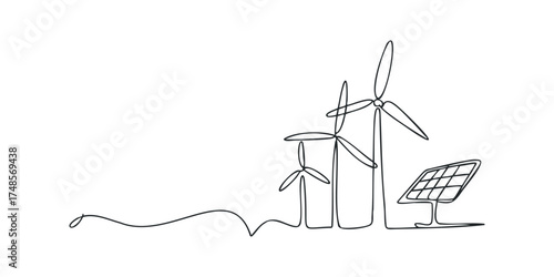 Simple line drawing of wind turbines and solar panel on white background