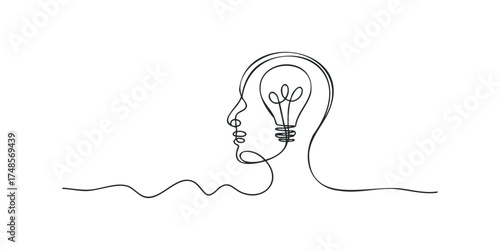 Single Line Drawing of Human Head Silhouette with Light Bulb Inside
