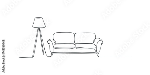 Minimalist line drawing of a sofa and floor lamp