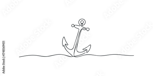 Single line drawing of a ship anchor submerged in water