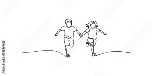 Children holding hands and running in a minimalist line drawing