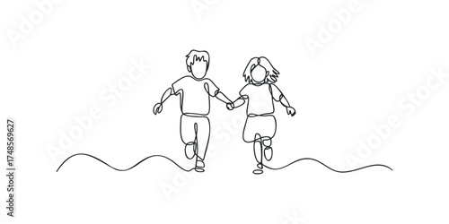 Two children holding hands running together