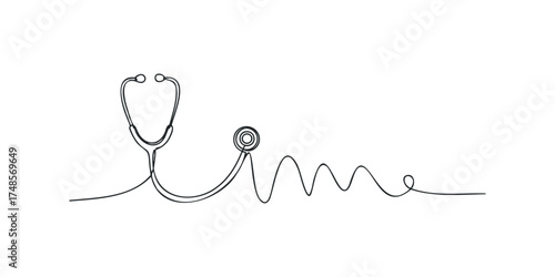 Stethoscope forms EKG line art on white background