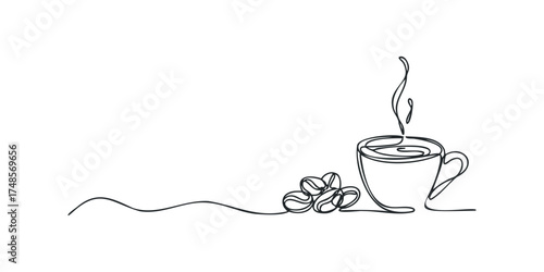 Steaming coffee cup and beans one line drawing