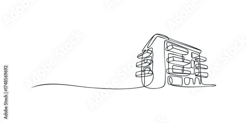 Continuous line drawing of a building with balconies