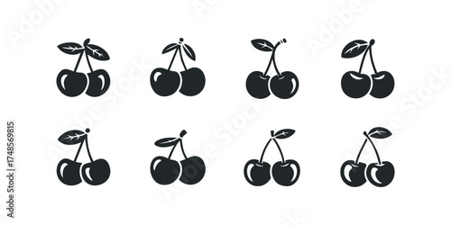 Eight Cherries with Stems and Leaves Icons