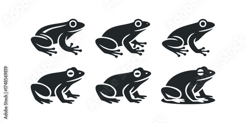 Six silhouetted frogs in various poses